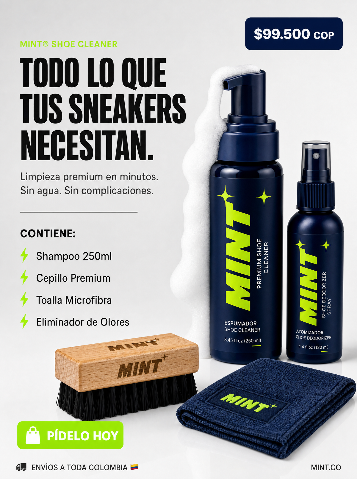 Kit Limpieza Sneakers MINT Essentials - Espumador Cepillo Toalla Colombia $99.500